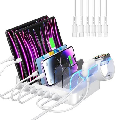 SooPii Premium 6-Port USB Charging Station Organizer for Multiple White 