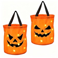 2 Pcs Light Up Halloween Trick or Treat Bucket, LED Glowing Pumpkin Candy Bucket