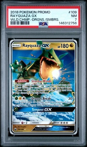 2018 POKEMON WORLD CHAMP PROMO DRAGONES Y SOMBRAS #109 RAYQUAZA GX PSA 7