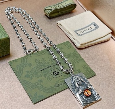 Gucci Engraved Silver Dog Tag Pendant Necklace, Link Chain Lobster Clasp