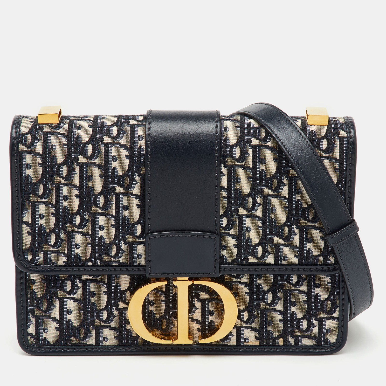 Dior Navy Blue Oblique Canvas Leather 30 Montaigne Shoulder Bag