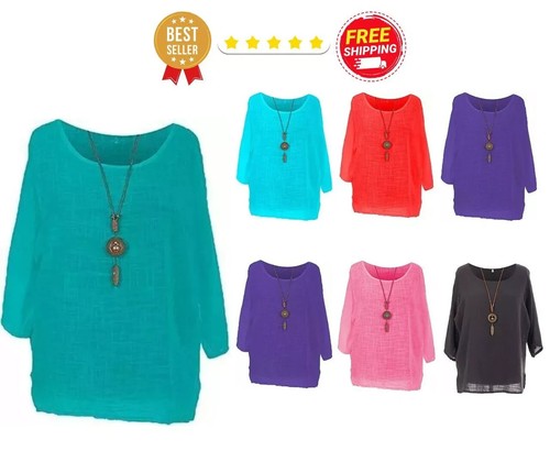 NEW Womens Italian Plain Cotton Ladies Lagenlook Summer Shirt Necklace TOP - Picture 18 of 23