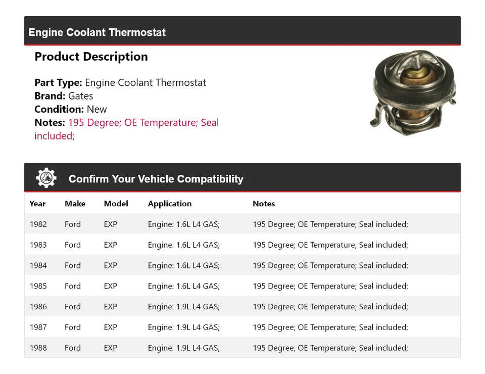 For 1982-1988 Ford EXP Engine Coolant Thermostat Gates 1983 1984 1985 1986 1987 - Image 2 of 4