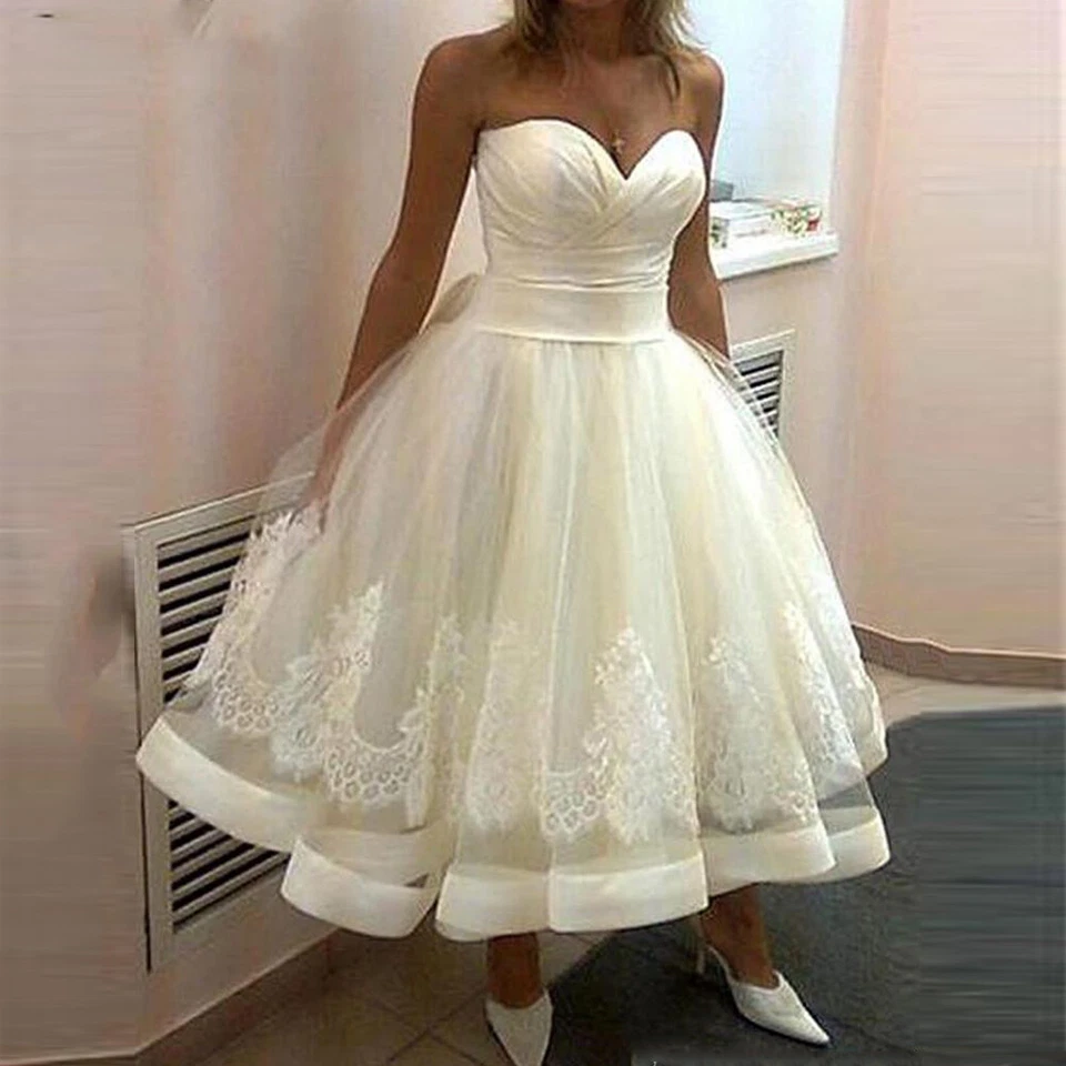 Short Wedding Dresses Sweetheart Lace Appliques Tulle Tea Length Bridal Gowns - Image 3 of 4