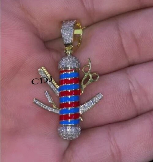 Мужской кулон с эмалью на парикмахерский столб с натуральными бриллиантами желтое золото 14 карат серебро - Изображение 3 из 4