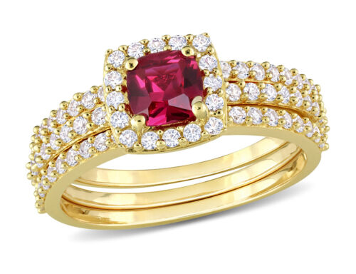 1 1/2 Carat (ctw) Lab-Created Ruby & White Sapphire Wedding Set Yellow Silver - Picture 1 of 5