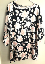 Vintage VANITY FAIR FIVE to NINE Pink Floral on Black Night Gown Lingerie M