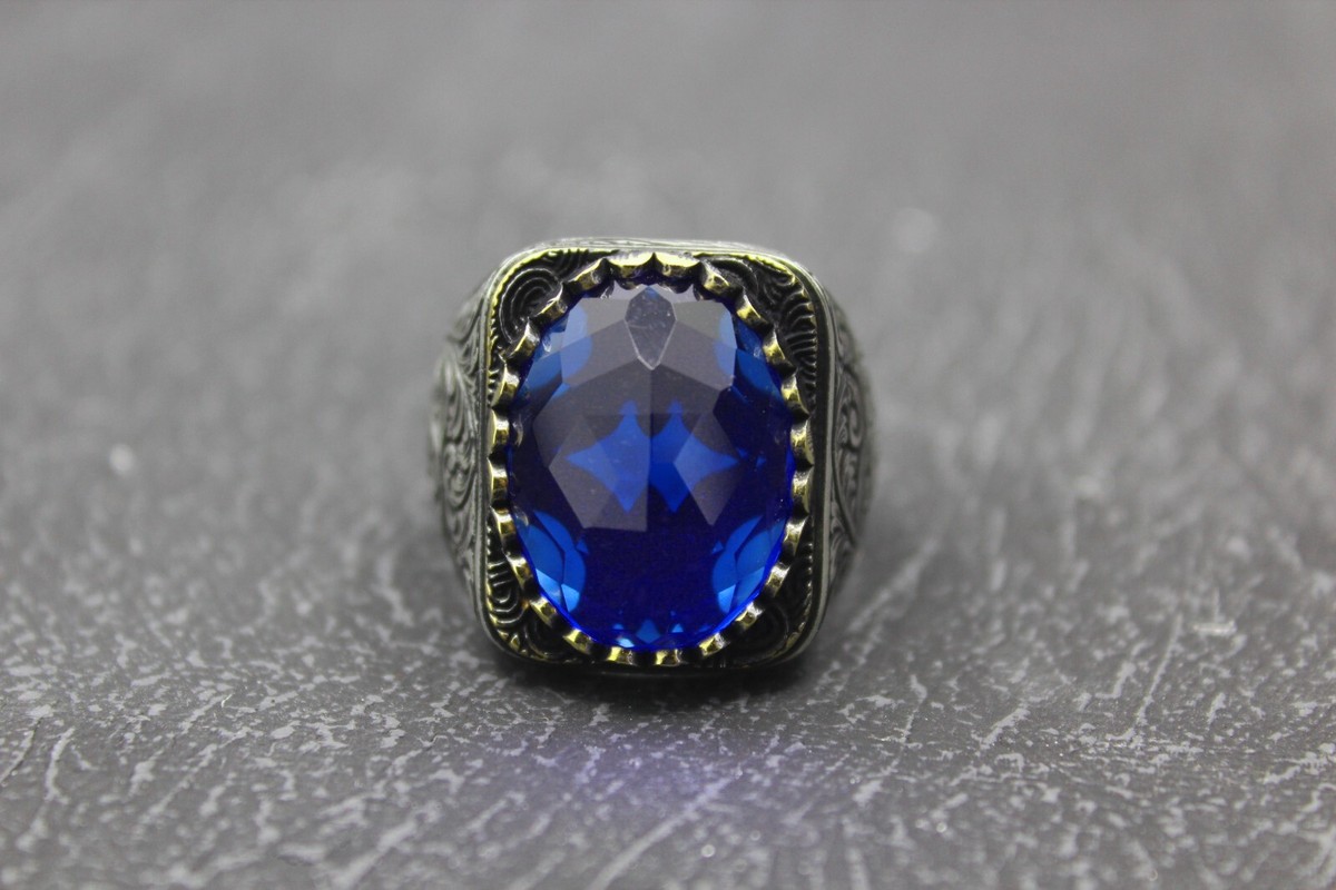 Engraving Ring, Oval Navy Blue Zircon Stone Solid 925 Sterling