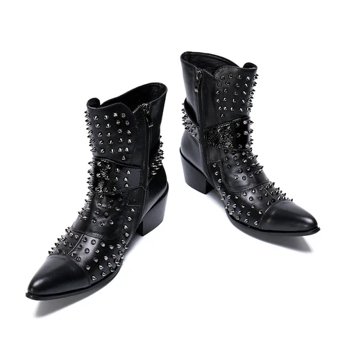Herren Leder Stiefeletten Motorrad Stiefel Mit Nieten Westernstiefel Punk Biker - Bild 7 von 12