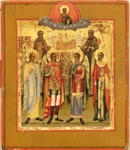 ANTIQUE 19c HAND PAINTED RUSSIAN ICON  MIHAIL & GABRIEL & SELECTED SAINTS  92652
