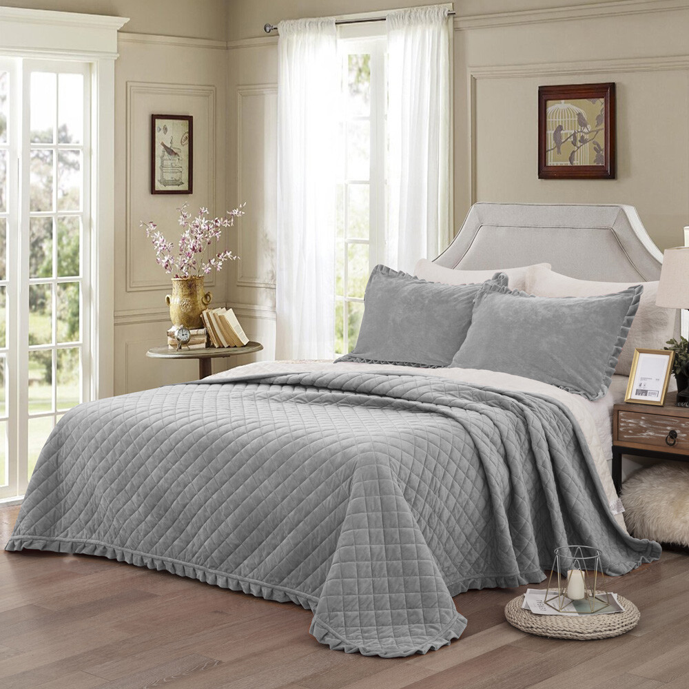 3PCs Quilted Bedspread Grey Comforter 
