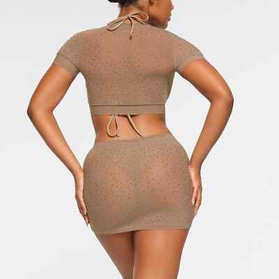 SKIMS Mesh Rhinestone Swim Cover Up T-Shirt in Desert Size  display picture 3