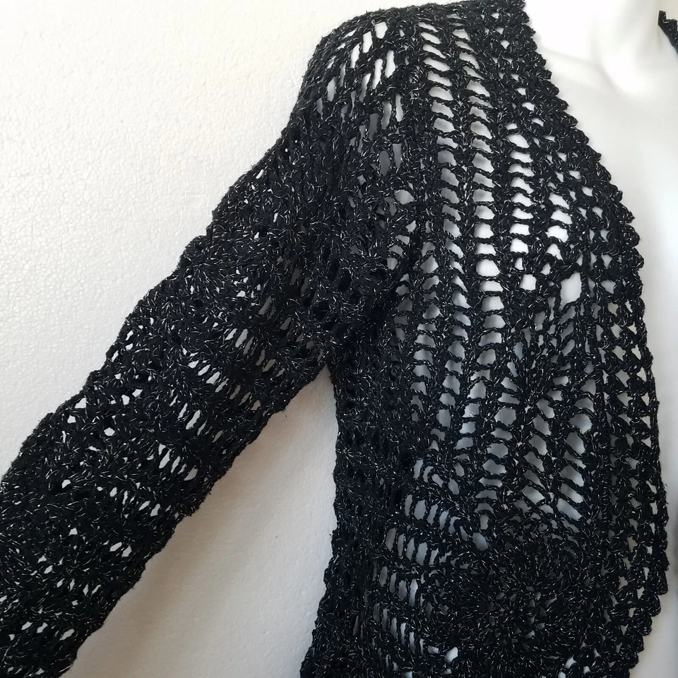 Cárdigan Debbie Morgan Mujer M Frente Abierto Tejido Abierto Crochet Metálico Negro Foto 3 de 4