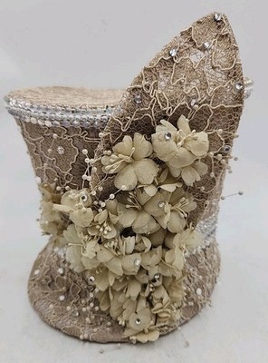 NEW J.F.Y. Collections NY USA Beige Lace BEaded Rhinestone Lace Derby Formal Hat