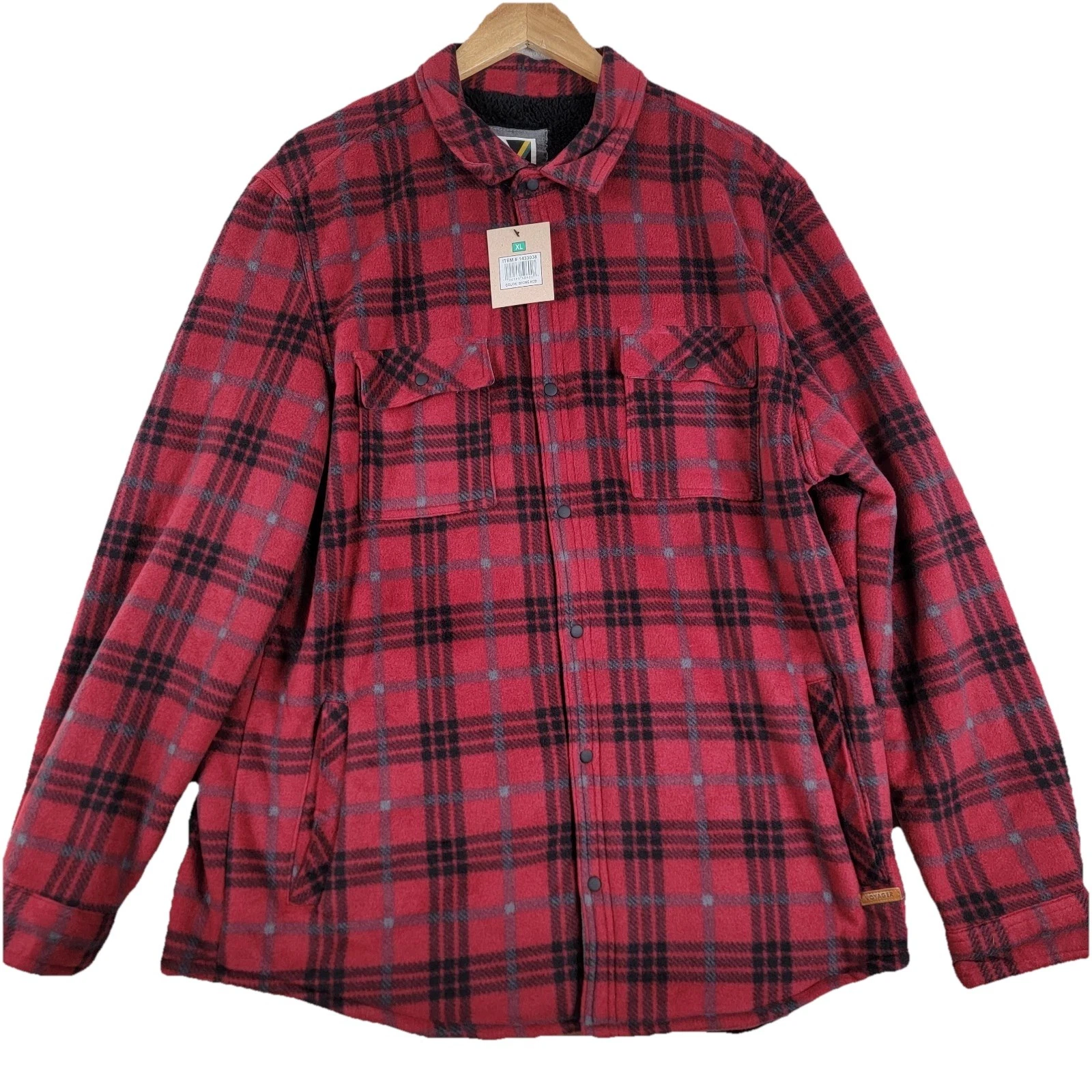 Voyager Mens M Red Black Plaid Polar Fleece Sherpa Lined Snap Front Shirt NWT