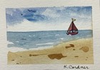 ACEO Original Painting, Beach, Sailboat, Landscape, Nature, Kimberly Cordner — photo 1