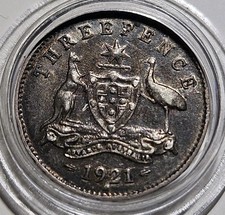 AUSTRALIA 3 PENCE 1921 George V, EF/VF, rare , Sterling Silver Coin 