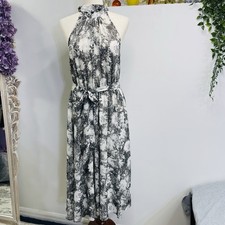 Halter Fit & Flare Dress Talbots Size 12 Floral Scroll Bow Shear White Gray