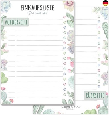 paper&you  A6 Einkaufsliste Block ''Kakteen'' mit 50 Blatt zum Abreißen - E