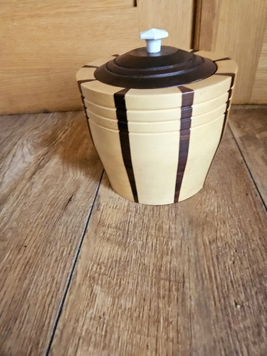 Vintage LANCROFT laminowane 2-kolorowe drewniane wiadro na lód treen z wkładką domowy bar - Zdjęcie 6 z 11