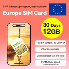 UK SIM Card 30Days 30GB / Europe SIM Card 30Days 12GB, Unlimited Local Calls ...