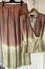 Zara Satin Co Ord Set Tie Dye Wrap Top Wide Leg Trousers Pink Green Size L BNWT