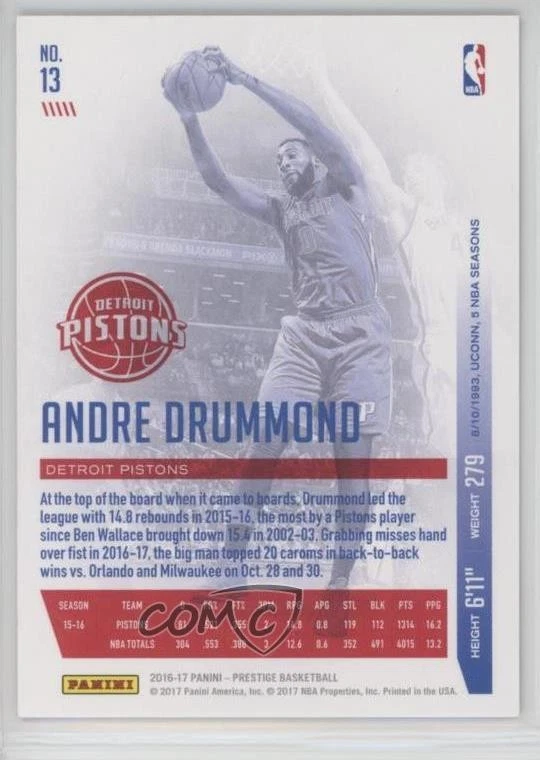 2016-17 Panini Prestige Bonus Shots Gold /10 Andre Drummond #13 - Image 2 of 2