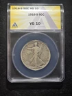 1916 s Walking Liberty Half Dollar - ANACS - VG 10