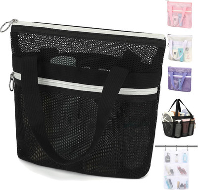 Mesh Shower Bag with 2 Zipper Pockets & Dual Handles, Quick-Drying Hanging Showe