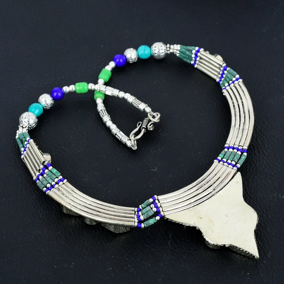 Collar lapislázuli turquesa étnico 925 plata esterlina tibetano nepalí 18" y5 Foto 4 de 4
