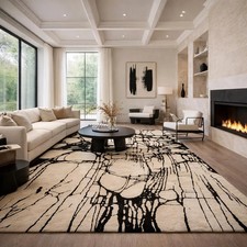 Black Cream Wool Area Rug Hand Tufted Modern Designer Rug for Living Room