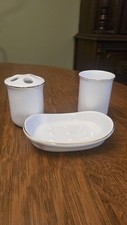White Ceramic Bathroom Accessory Set 3 Soap Dish Cup Toothbrush Holder Gold Trim