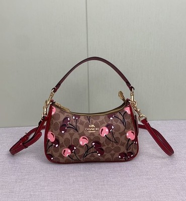 COACH CY694 Teri Shoulder Bag Signature Canvas Cherry Print Tan Brown