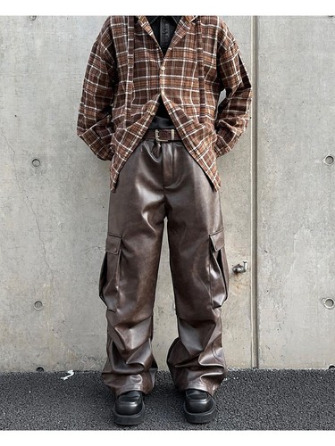 Men Casual Trousers Loose Straight Retro Wide-leg Workwear PU Leather Long Pants - Picture 7 of 19