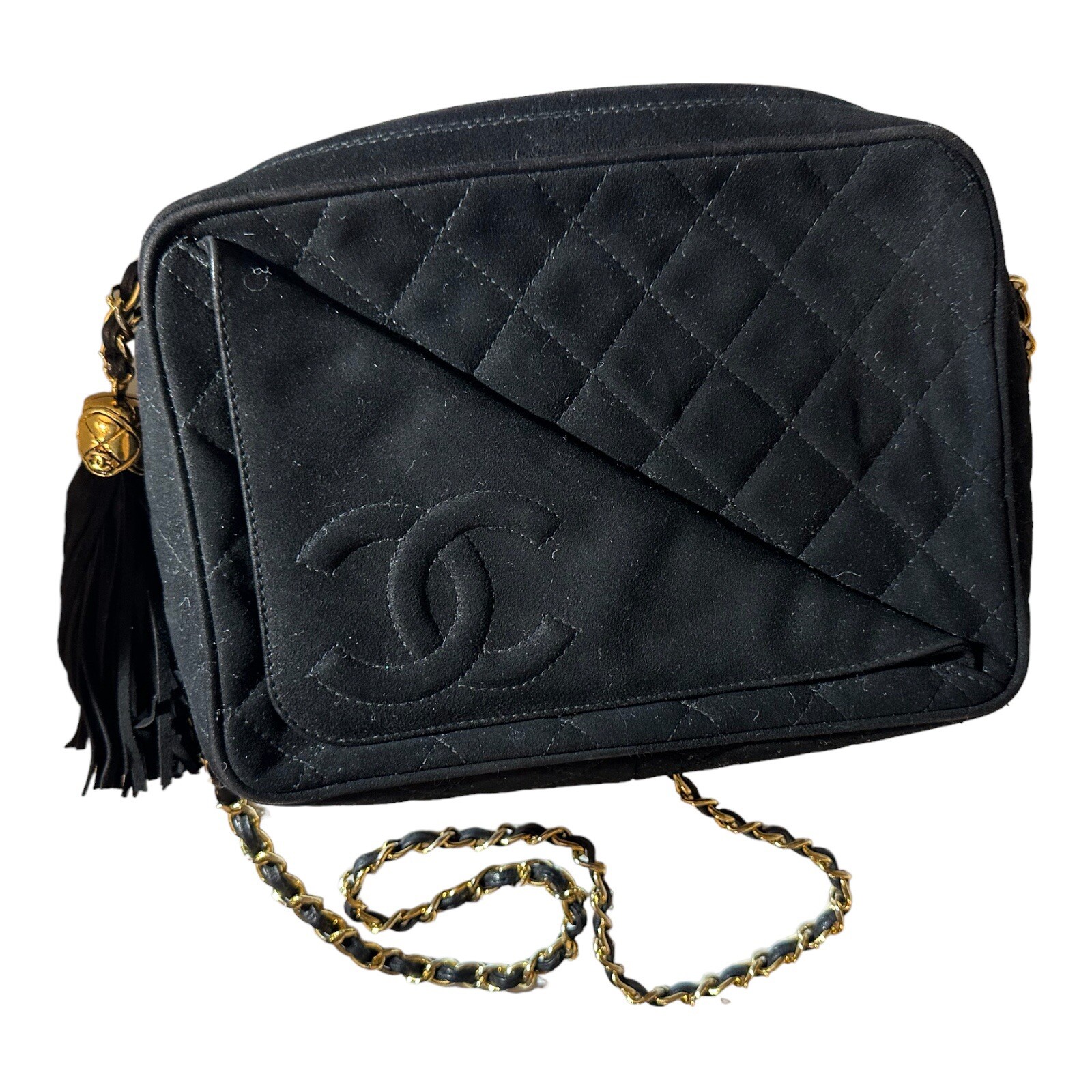 RARE 90s Chanel Black Suede Quilted Shoulder Bag W/Ta… Gem