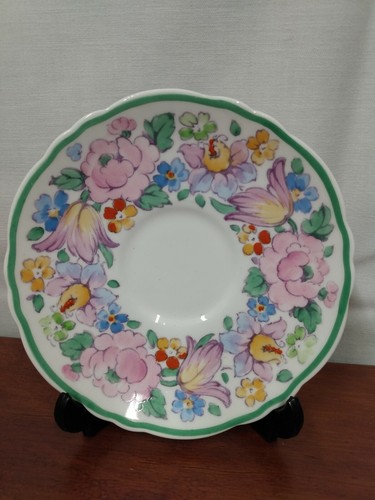 L1 Crown Staffordshire FLOWER RIM England 15227 Green Trim CUP SAUCER Sets 4 8pc - 第 2/6 張圖片