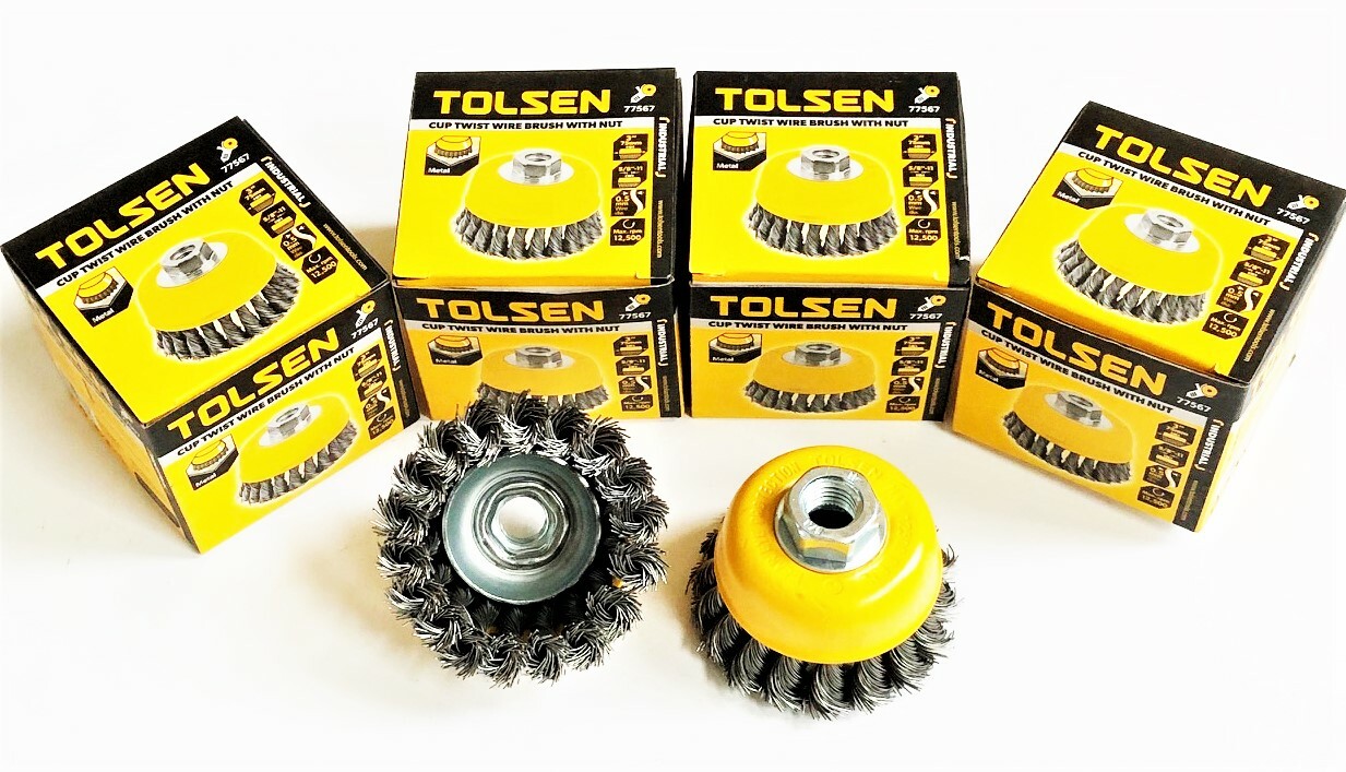 4 TOLSEN 3" CUP BRUSH KNOTTED TWISTED WIRE WHEELS ANGLE GRINDER 5/8"11