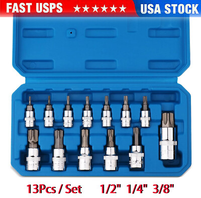 13pcs Torx Star Sockets & Bit Set Male Female E-torx Security Bits 3/8 1/4 Drive