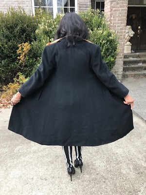 Elegant Designer Black Cinzia Rocca wool, fur collar trim Coat