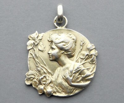 フランス メダル マリアンヌ アールヌーボー Antique Silver Large Medal. Woman Marianne Female. Art Nouveau