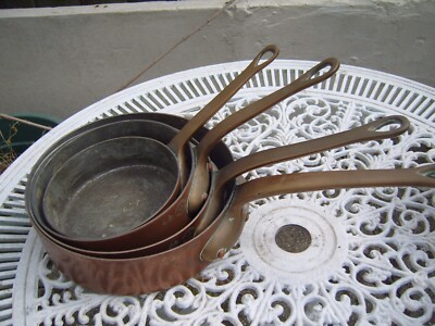Set aus 4 x schweren Kupfer Kochtöpfen Leon Jaeggi London 6, 7,25, 8 und 9 Zoll