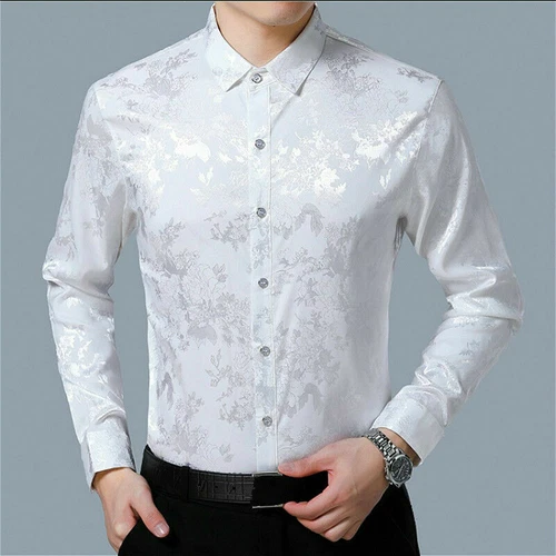 Men Silk Satin Flower Dress Shirt Fit Business Formal Long Sleeve Loose Top New - Picture 9 of 17