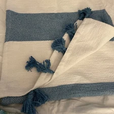 Threshold Blue White  Table Runner Tassels 14 X 72 Nwot