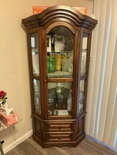 3-Tier Display Cabinet, Lighted Curio Cabinet w/Glass Doors & Adjustable Shelves