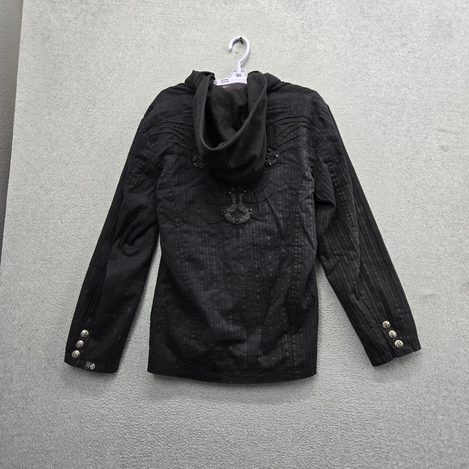Roar Men Jacket S Black Embroidered Cross Devote Hooded Blazer Y2K Grunge image 9