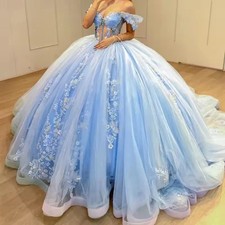 Light Blue Off Shoulder Quinceanera Dresses Corset Floral Lace Ball Gown Sweet16
