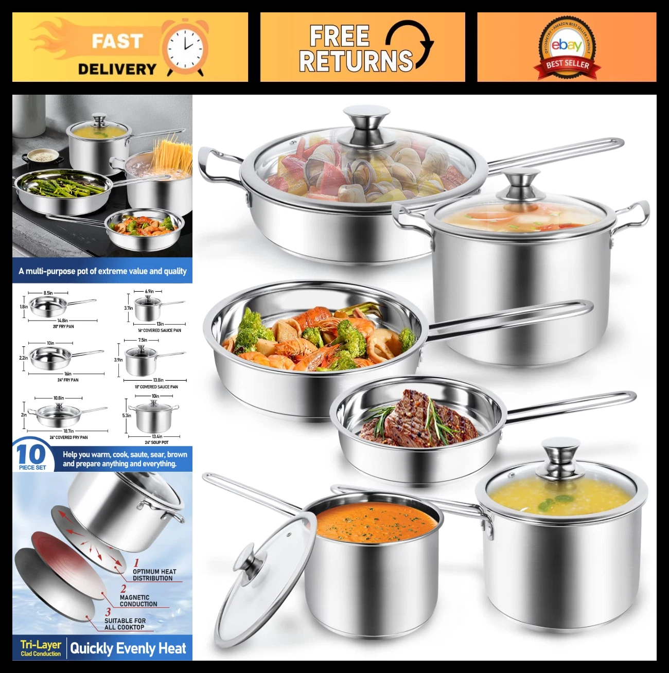 10-Piece Stainless Steel Cookware Set - Ergonomic Handle Pots, Pans, Skillets, D