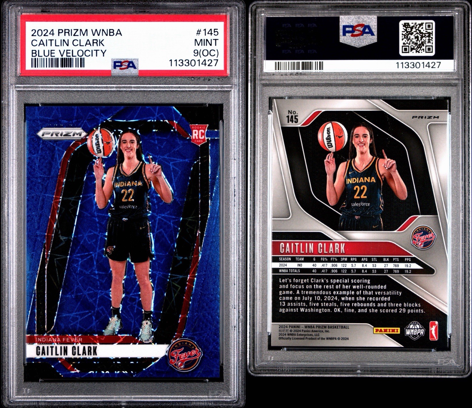 2024 Panini WNBA Prizm Caitlin Clark #145 Blue Velocity Rookie RC PSA 9 MINT view 3
