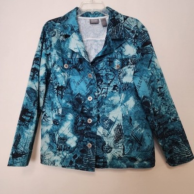 Additions by Chicos Blue Travel Map Print Jacket  turquoise blue blazer
