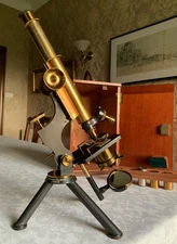 Antique W. Watson & Sons Fram Type-1 Brass Microscope - circa 1899-1900, Cased